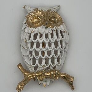 Vintage Napier Owl Gold Tone White Green Rhinestones 1.5"